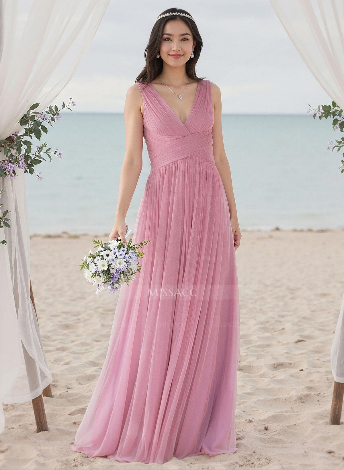 A-Line V-Neck Sleeveless Floor-Length Tulle Bridesmaid Dresses