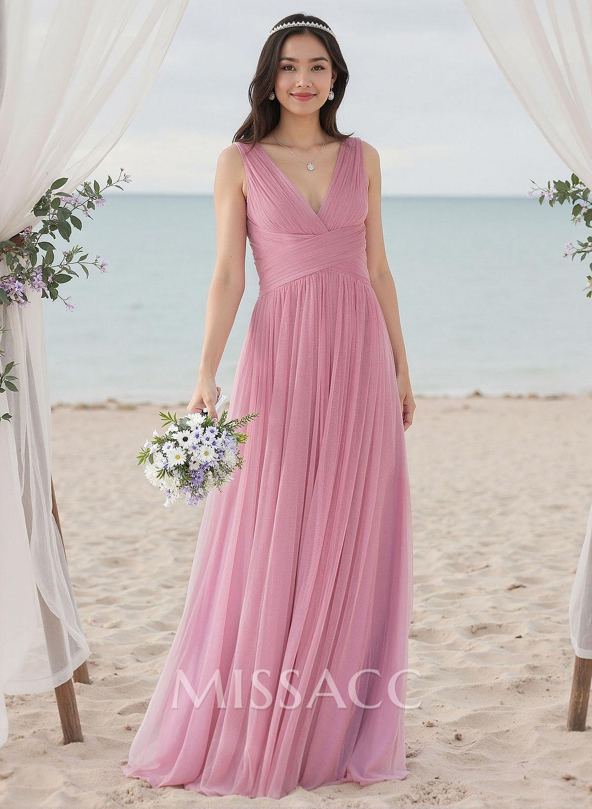 A-Line V-Neck Sleeveless Floor-Length Tulle Bridesmaid Dresses