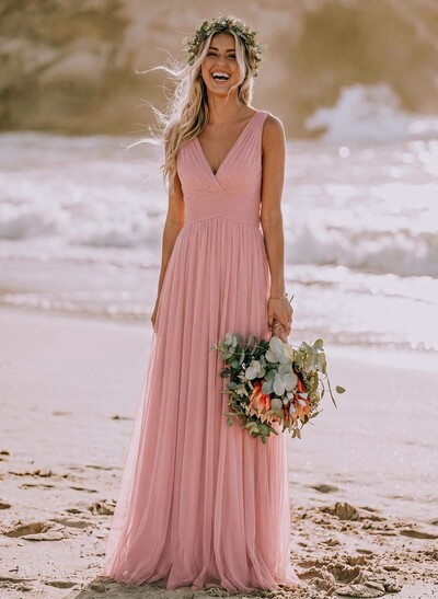 A-Line V-Neck Sleeveless Floor-Length Tulle Bridesmaid Dresses