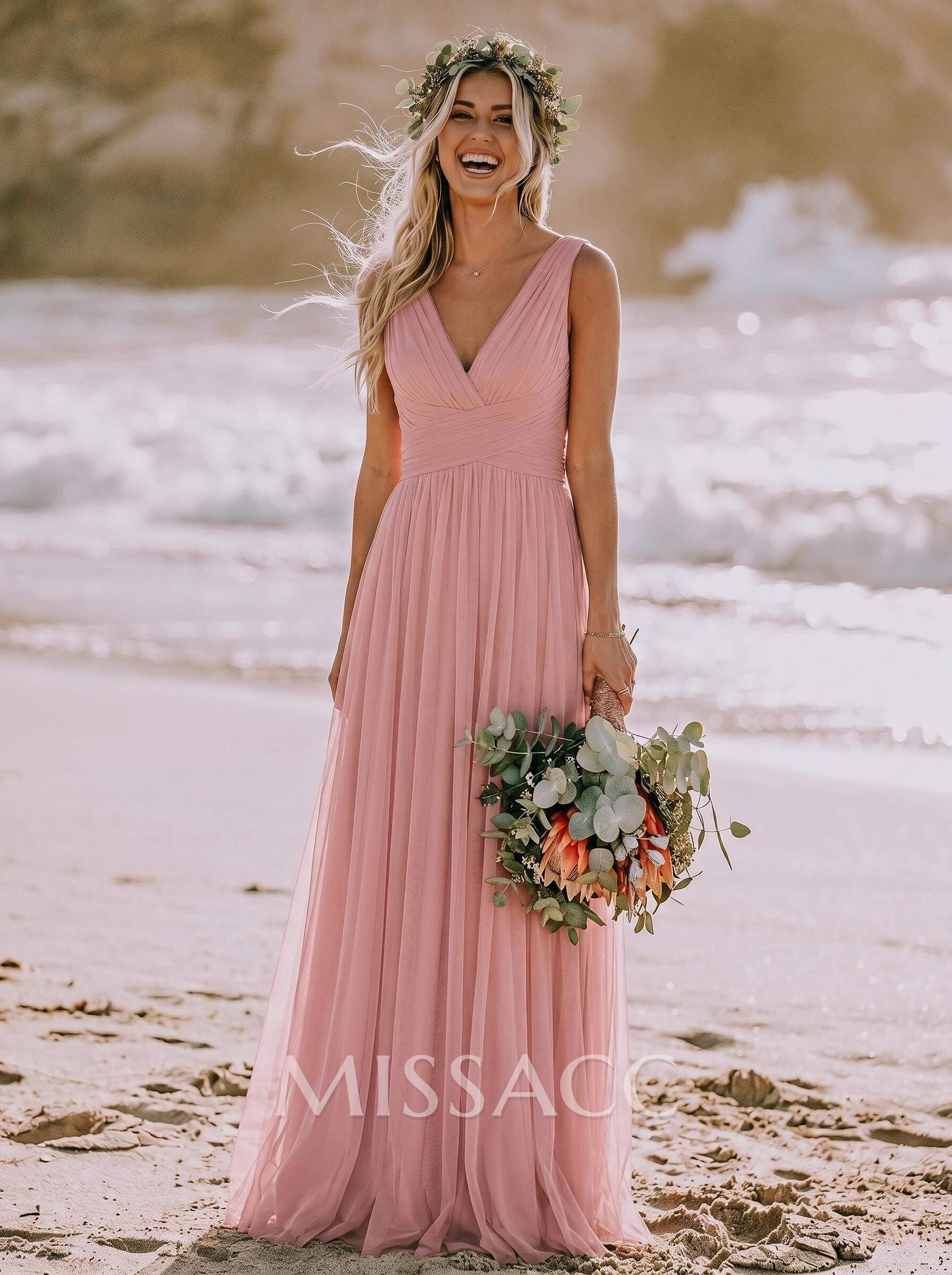A-Line V-Neck Sleeveless Full-Length Tulle Bridesmaid Dresses