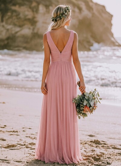 A-Line V-Neck Sleeveless Floor-Length Tulle Bridesmaid Dresses