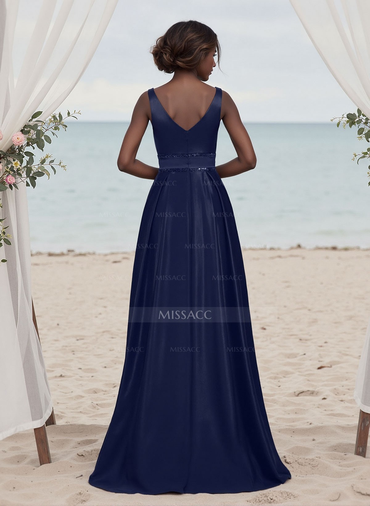 A-Line V-Neck Sleeveless Floor-Length Satin Bridesmaid Dresses With Sequins