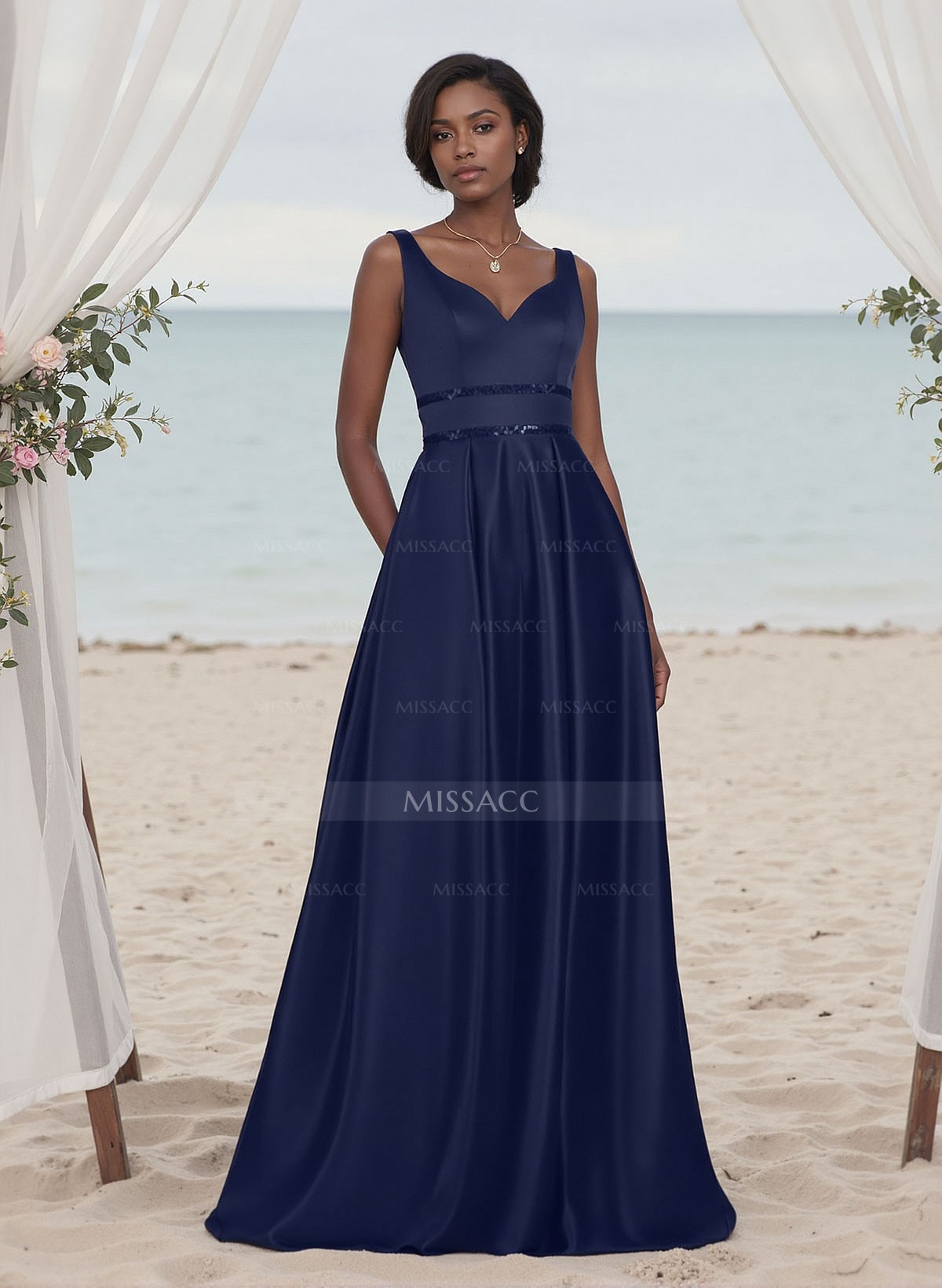 A-Line V-Neck Sleeveless Floor-Length Satin Bridesmaid Dresses With Sequins