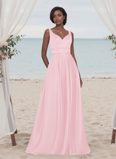 A-Line V-Neck Sleeveless Floor-Length Satin Bridesmaid Dresses With Sequins