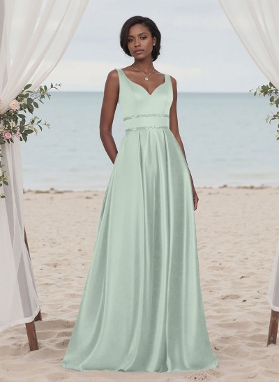 A-Line V-Neck Sleeveless Floor-Length Satin Bridesmaid Dresses With Sequins