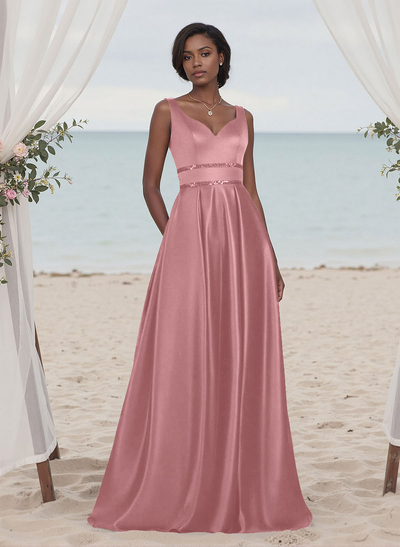 A-Line V-Neck Sleeveless Floor-Length Satin Bridesmaid Dresses With Sequins