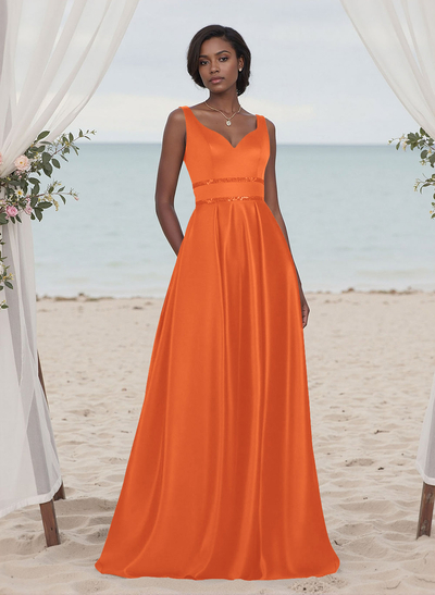 A-Line V-Neck Sleeveless Floor-Length Satin Bridesmaid Dresses With Sequins