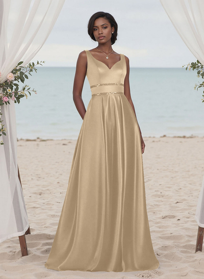 A-Line V-Neck Sleeveless Floor-Length Satin Bridesmaid Dresses With Sequins