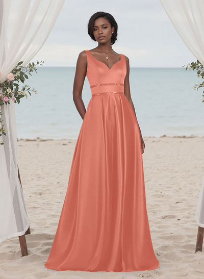 A-Line V-Neck Sleeveless Floor-Length Satin Bridesmaid Dresses With Sequins