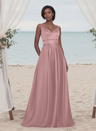 A-Line V-Neck Sleeveless Floor-Length Satin Bridesmaid Dresses With Sequins