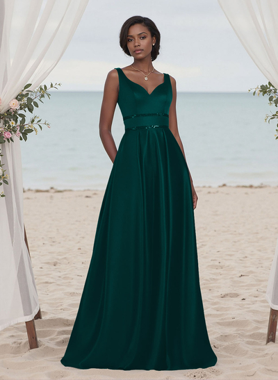A-Line V-Neck Sleeveless Floor-Length Satin Bridesmaid Dresses With Sequins