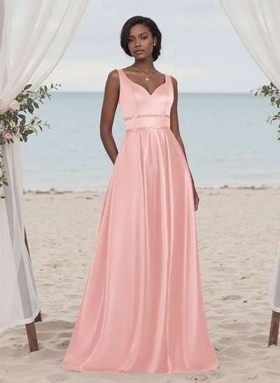 A-Line V-Neck Sleeveless Floor-Length Satin Bridesmaid Dresses With Sequins