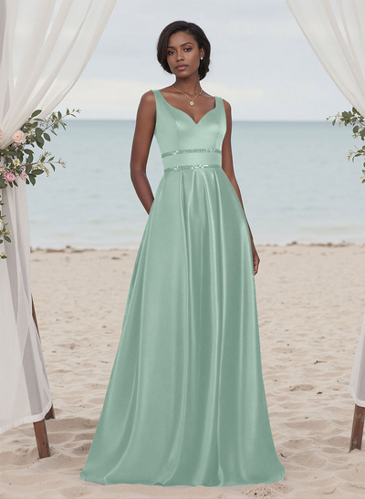 A-Line V-Neck Sleeveless Floor-Length Satin Bridesmaid Dresses With Sequins