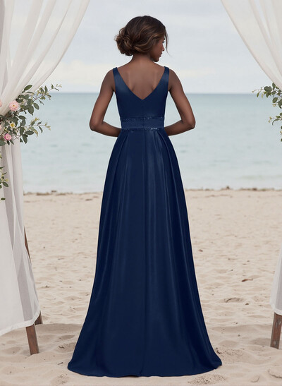 A-Line V-Neck Sleeveless Floor-Length Satin Bridesmaid Dresses With Sequins