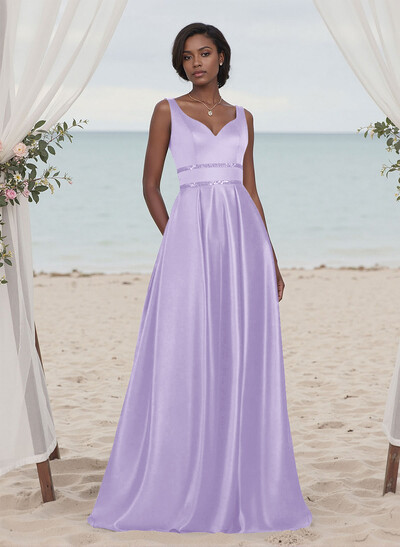 A-Line V-Neck Sleeveless Floor-Length Satin Bridesmaid Dresses With Sequins
