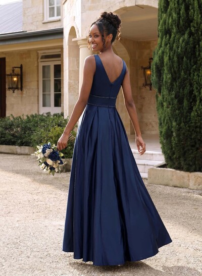A-Line V-Neck Sleeveless Floor-Length Satin Bridesmaid Dresses With Sequins