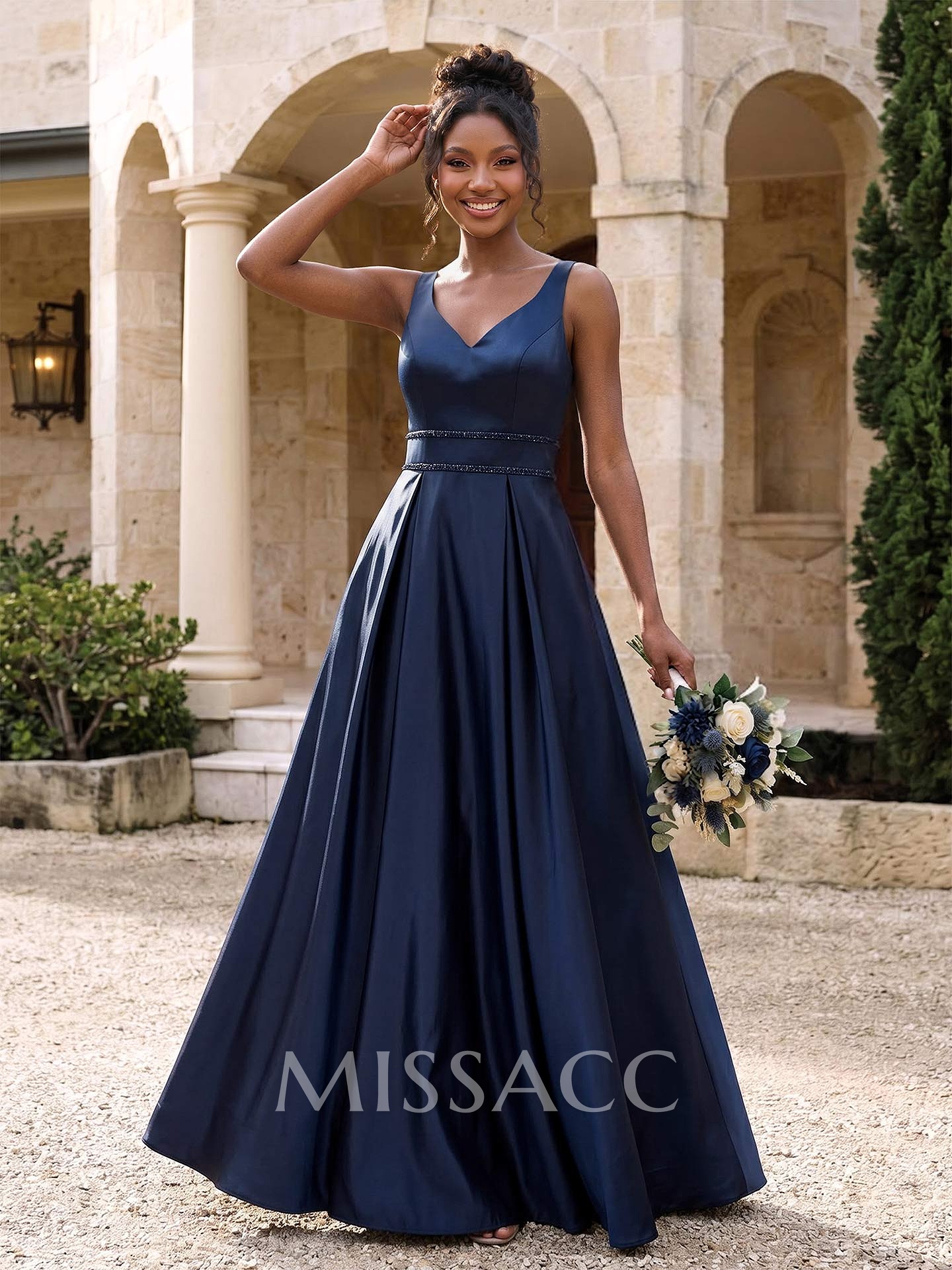 A-Line V-Neck Sleeveless Floor-Length Satin Bridesmaid Dresses With Sequins A-Line V-Neck Sleeveless Floor-Length Satin Bridesmaid Dresses With Sequins