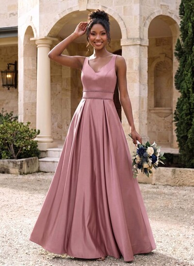 A-Line V-Neck Sleeveless Floor-Length Satin Bridesmaid Dresses With Sequins