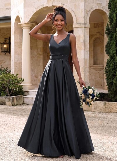 A-Line V-Neck Sleeveless Floor-Length Satin Bridesmaid Dresses With Sequins