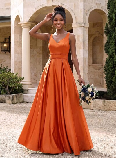 A-Line V-Neck Sleeveless Floor-Length Satin Bridesmaid Dresses With Sequins