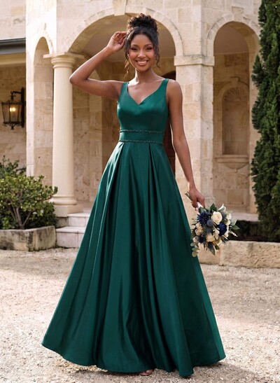 A-Line V-Neck Sleeveless Floor-Length Satin Bridesmaid Dresses With Sequins