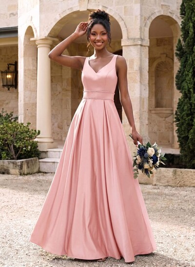 A-Line V-Neck Sleeveless Floor-Length Satin Bridesmaid Dresses With Sequins
