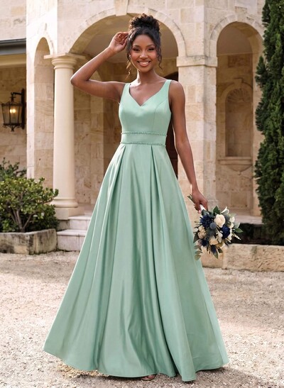 A-Line V-Neck Sleeveless Floor-Length Satin Bridesmaid Dresses With Sequins