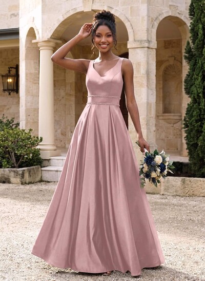 A-Line V-Neck Sleeveless Floor-Length Satin Bridesmaid Dresses With Sequins