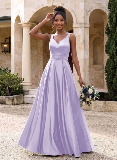 A-Line V-Neck Sleeveless Floor-Length Satin Bridesmaid Dresses With Sequins