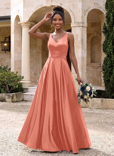 A-Line V-Neck Sleeveless Floor-Length Satin Bridesmaid Dresses With Sequins