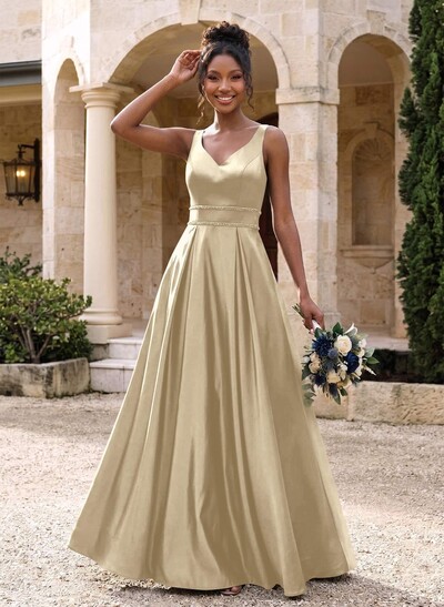 A-Line V-Neck Sleeveless Floor-Length Satin Bridesmaid Dresses With Sequins