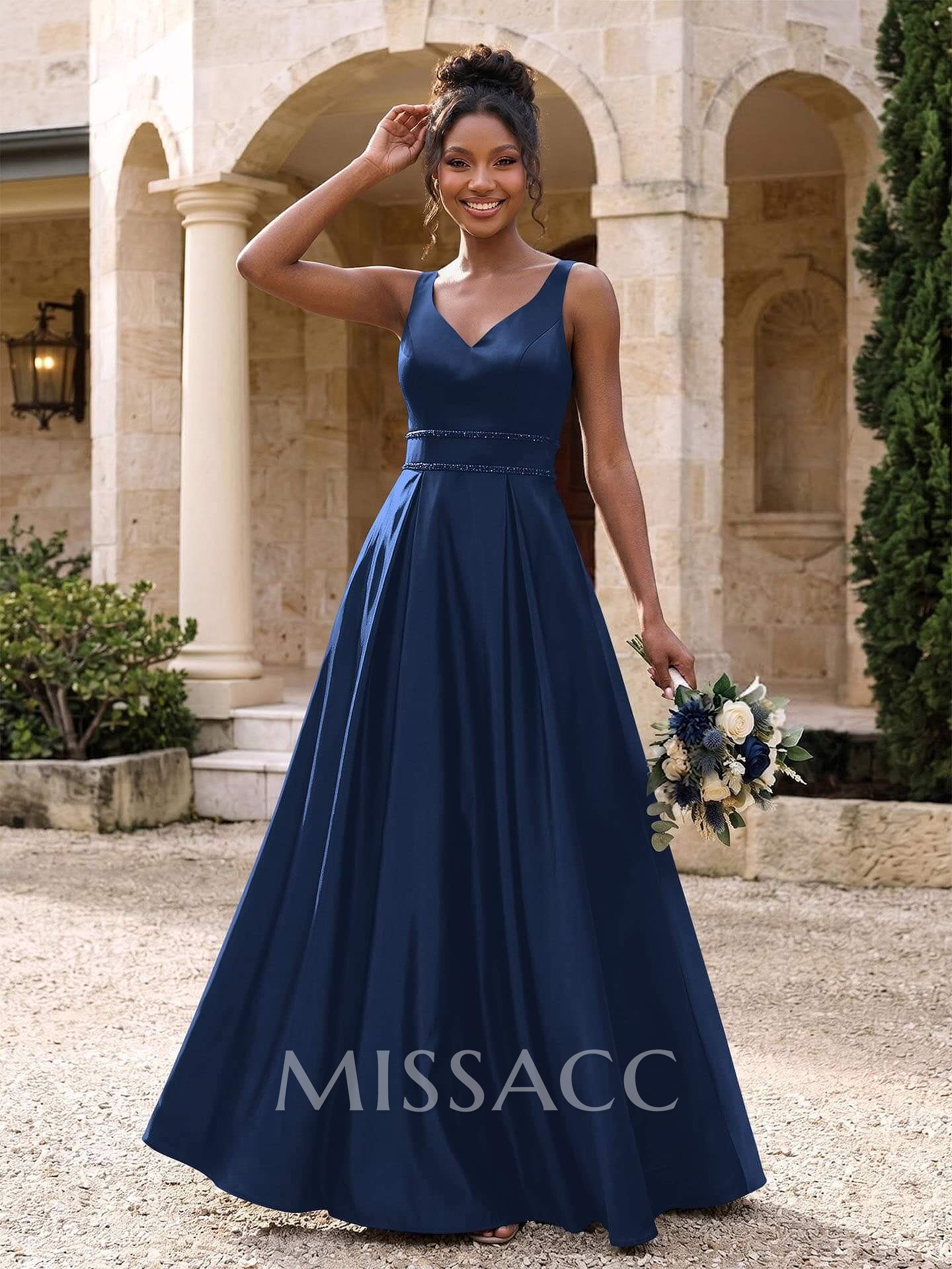 A-Line V-Neck Sleeveless Floor-Length Satin Bridesmaid Dresses With Sequins A-Line V-Neck Sleeveless Floor-Length Satin Bridesmaid Dresses With Sequins