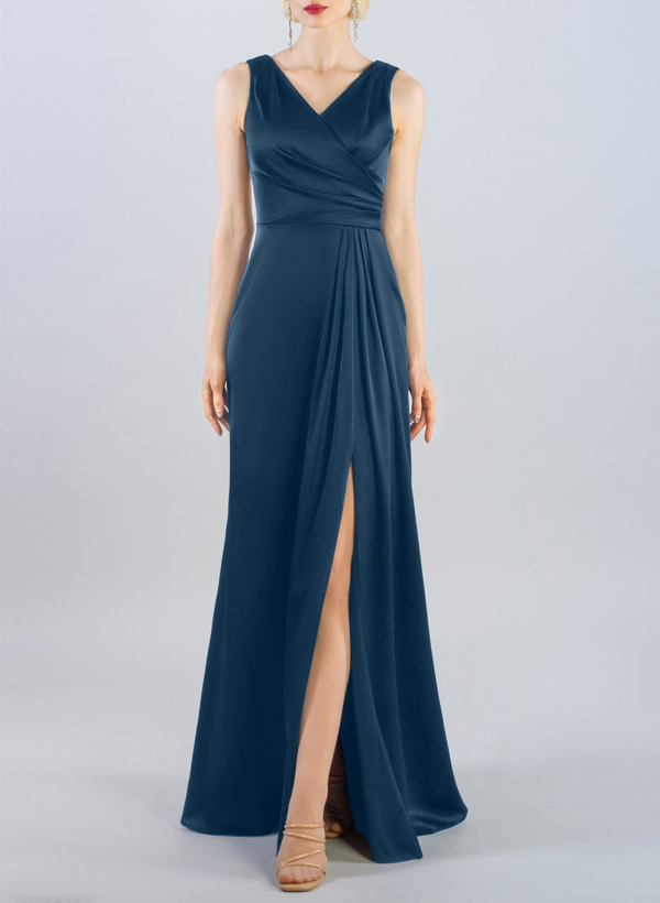 A-Line V-Neck Sleeveless Silk Like Satin Bridesmaid Dresses With High Split