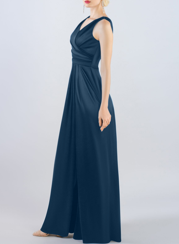 A-Line V-Neck Sleeveless Silk Like Satin Bridesmaid Dresses With High Split