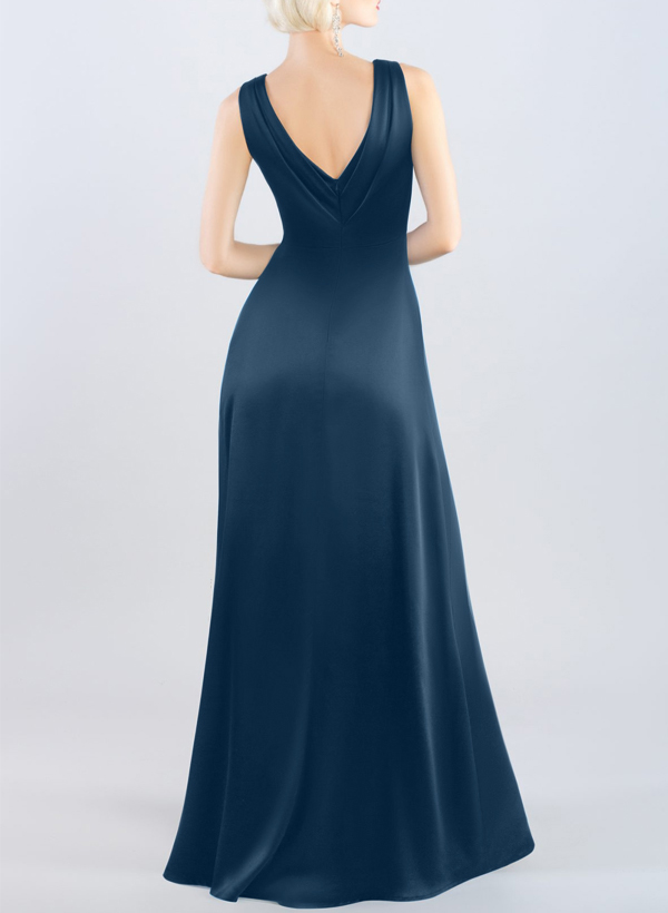 A-Line V-Neck Sleeveless Silk Like Satin Bridesmaid Dresses With High Split