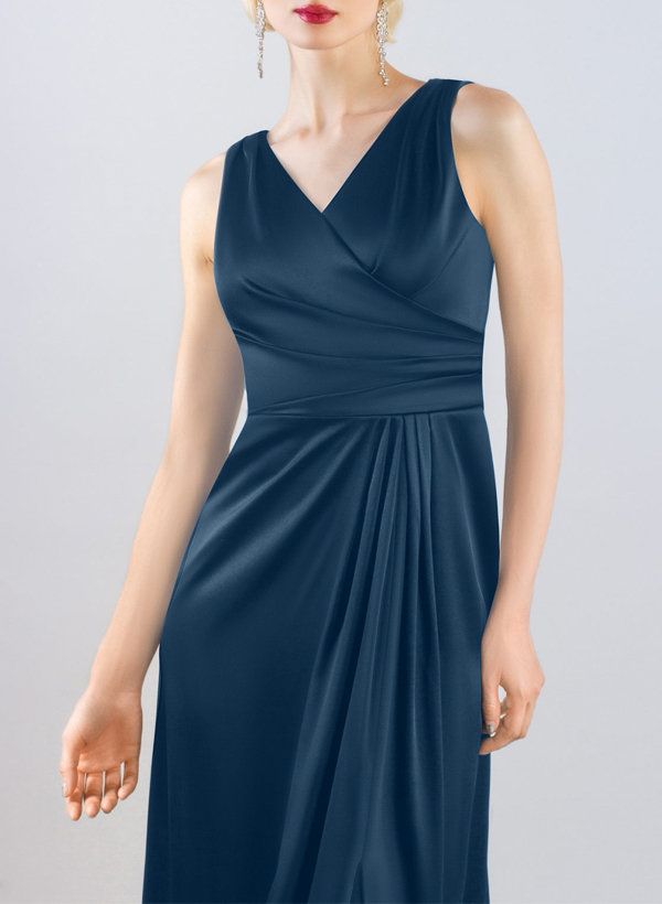 A-Line V-Neck Sleeveless Silk Like Satin Bridesmaid Dresses With High Split