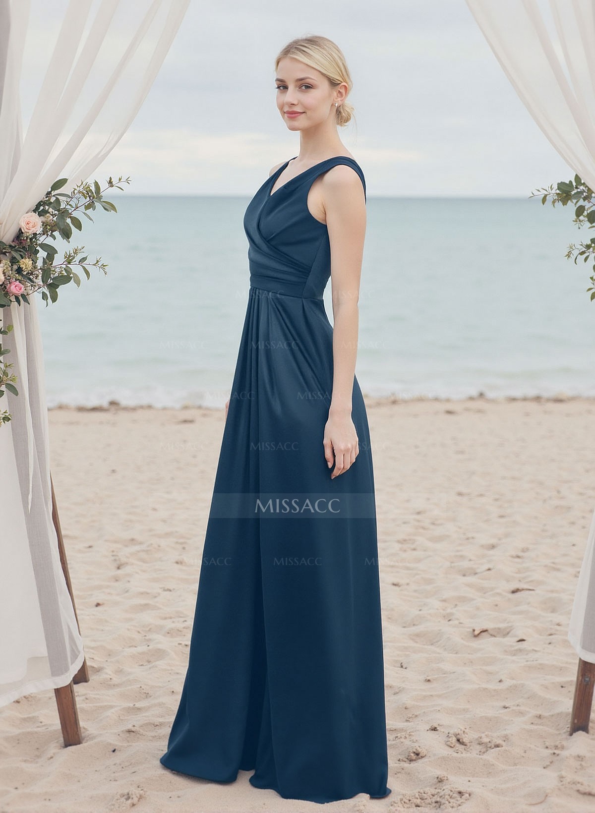 A-Line V-Neck Sleeveless Silk Like Satin Bridesmaid Dresses With High Split