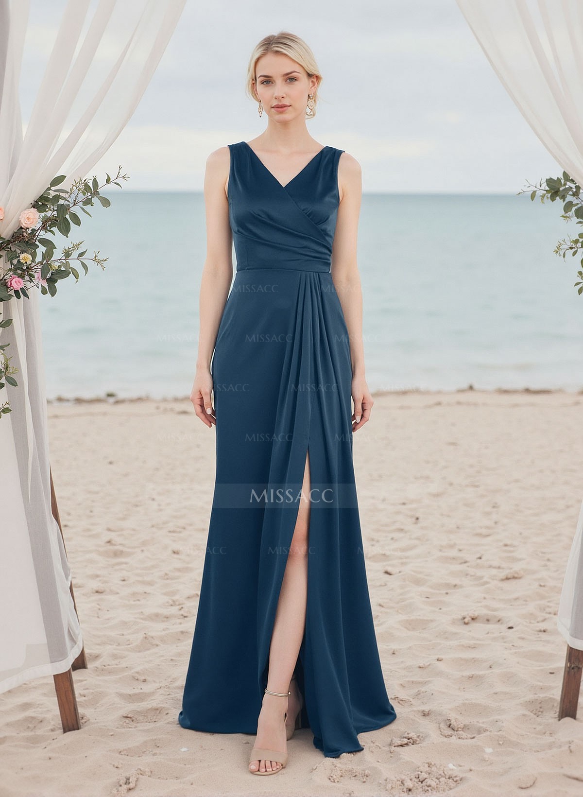 A-Line V-Neck Sleeveless Silk Like Satin Bridesmaid Dresses With High Split