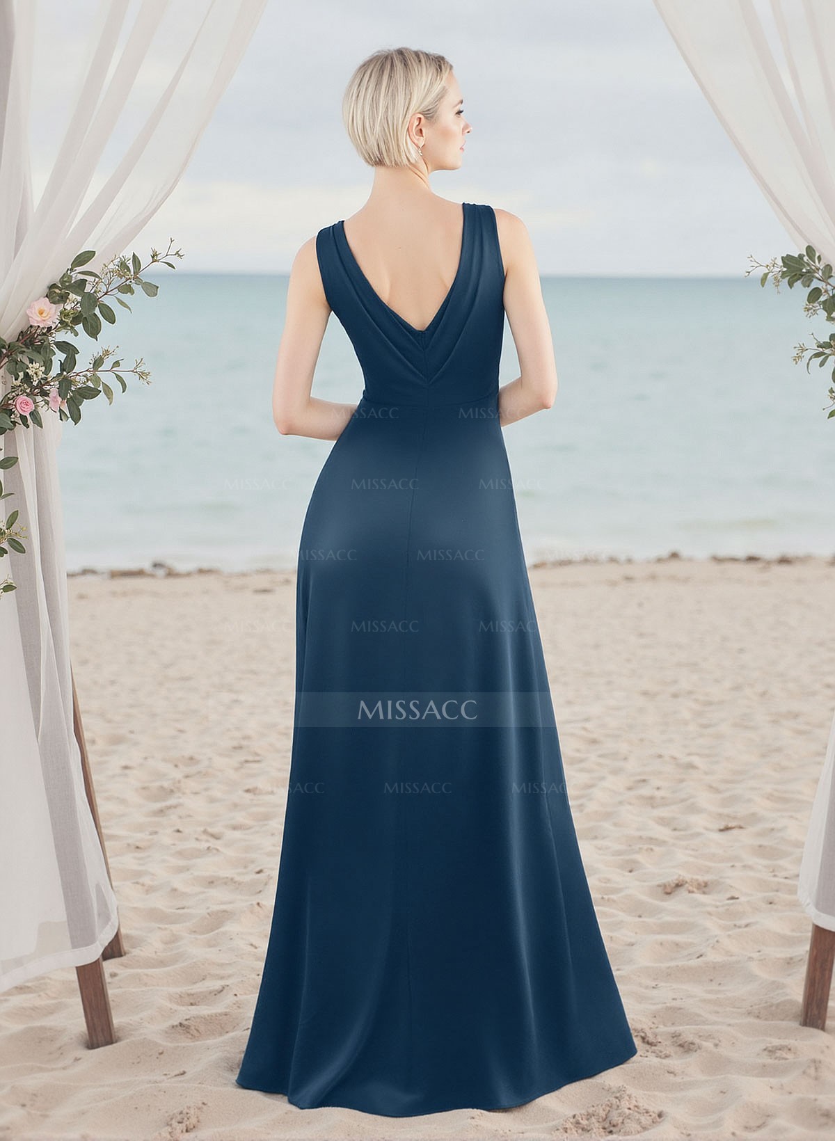 A-Line V-Neck Sleeveless Silk Like Satin Bridesmaid Dresses With High Split