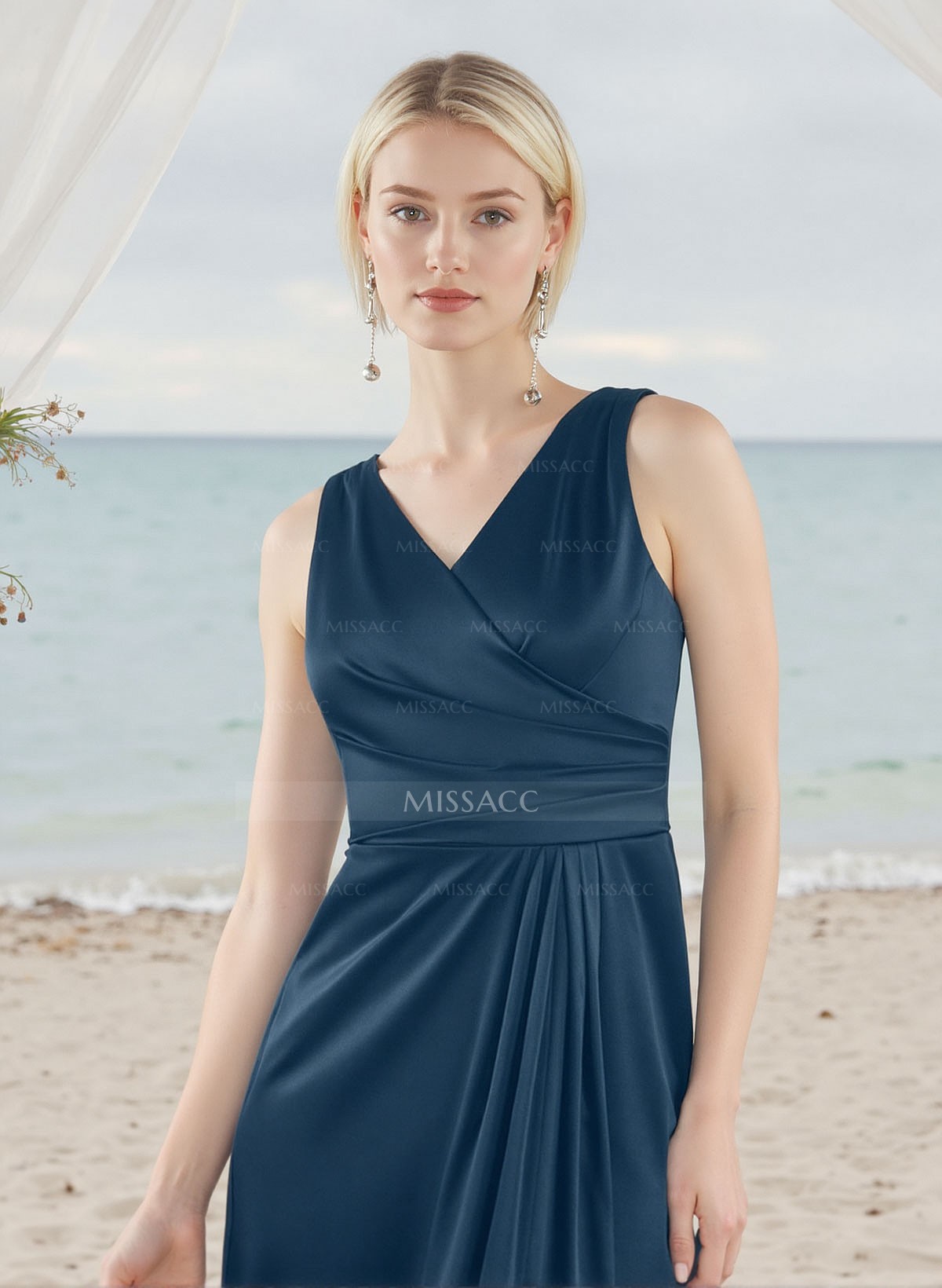 A-Line V-Neck Sleeveless Silk Like Satin Bridesmaid Dresses With High Split