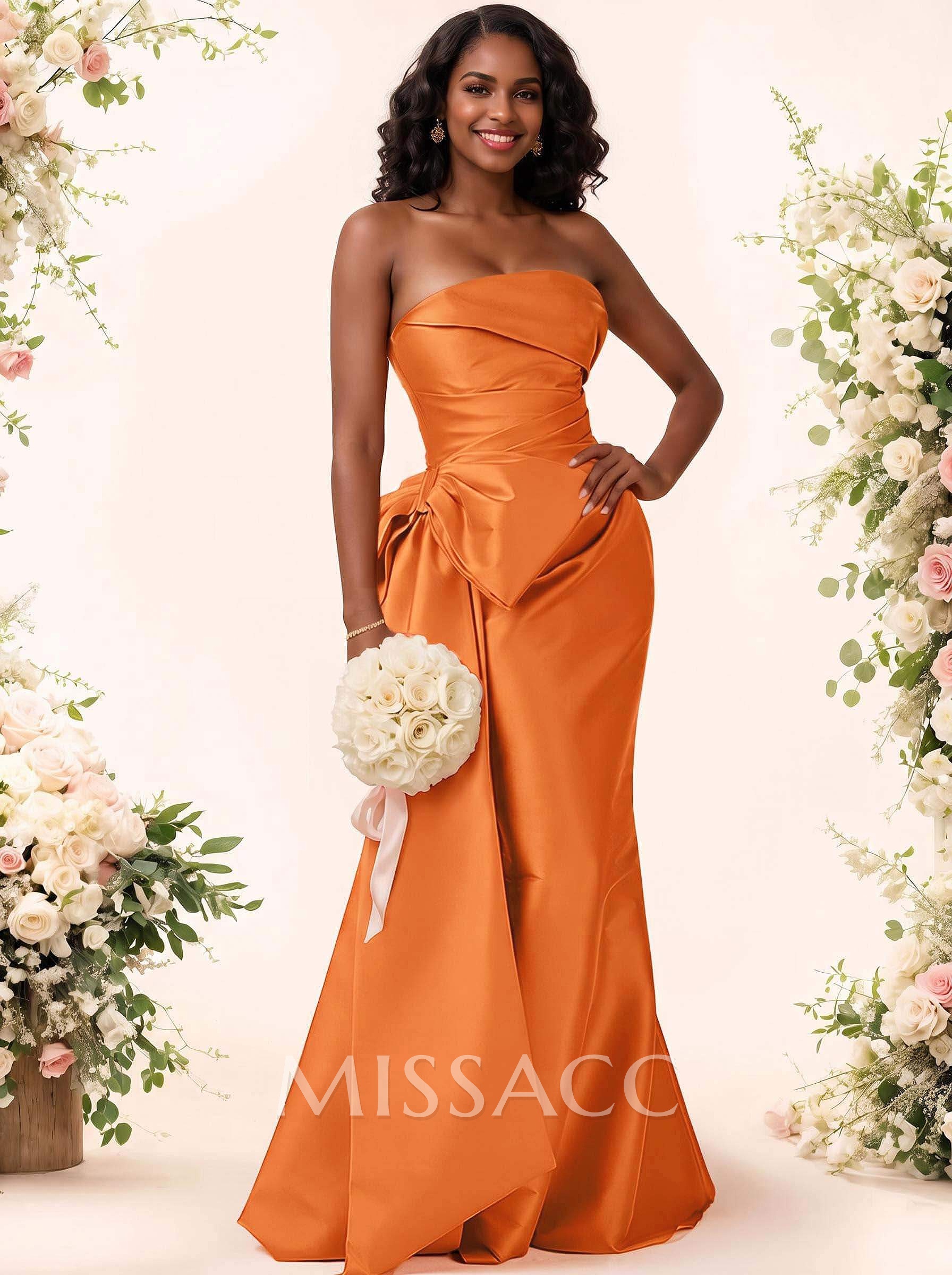 Trumpet/Mermaid Strapless Sleeveless Satin Bridesmaid Dresses With Bow(s) Trumpet/Mermaid Strapless Sleeveless Satin Bridesmaid Dresses With Bow(s)