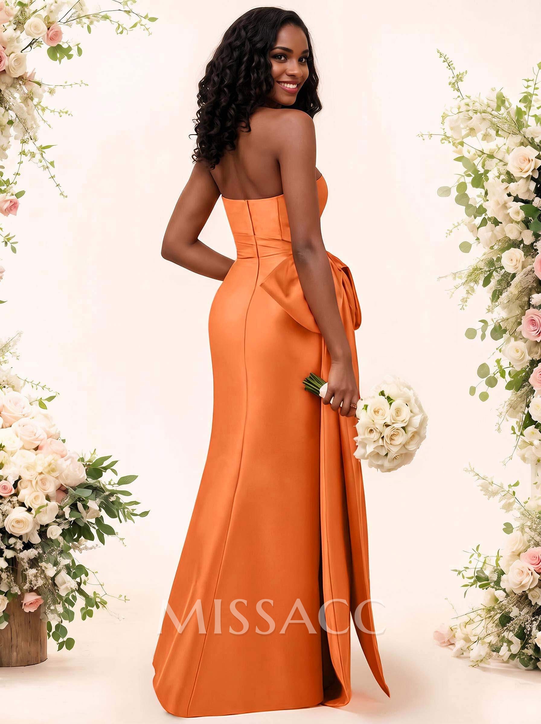 Trumpet/Mermaid Strapless Sleeveless Satin Bridesmaid Dresses With Bow(s) Trumpet/Mermaid Strapless Sleeveless Satin Bridesmaid Dresses With Bow(s)