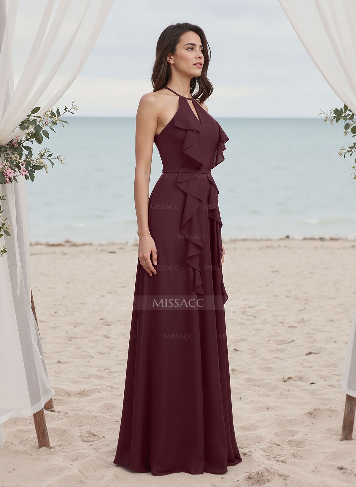 A-Line Halter Sleeveless Chiffon Bridesmaid Dresses With Ruffle/Back Hole