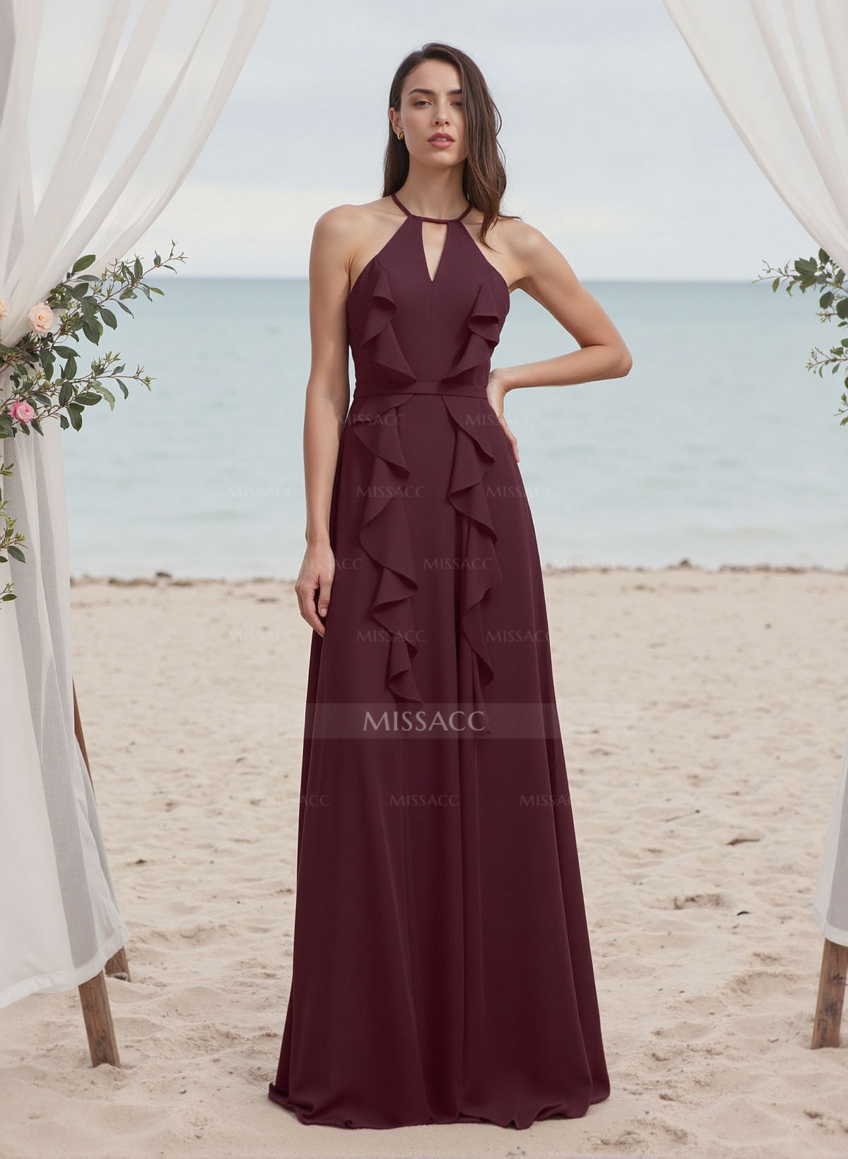 A-Line Halter Sleeveless Chiffon Bridesmaid Dresses With Ruffle/Back Hole