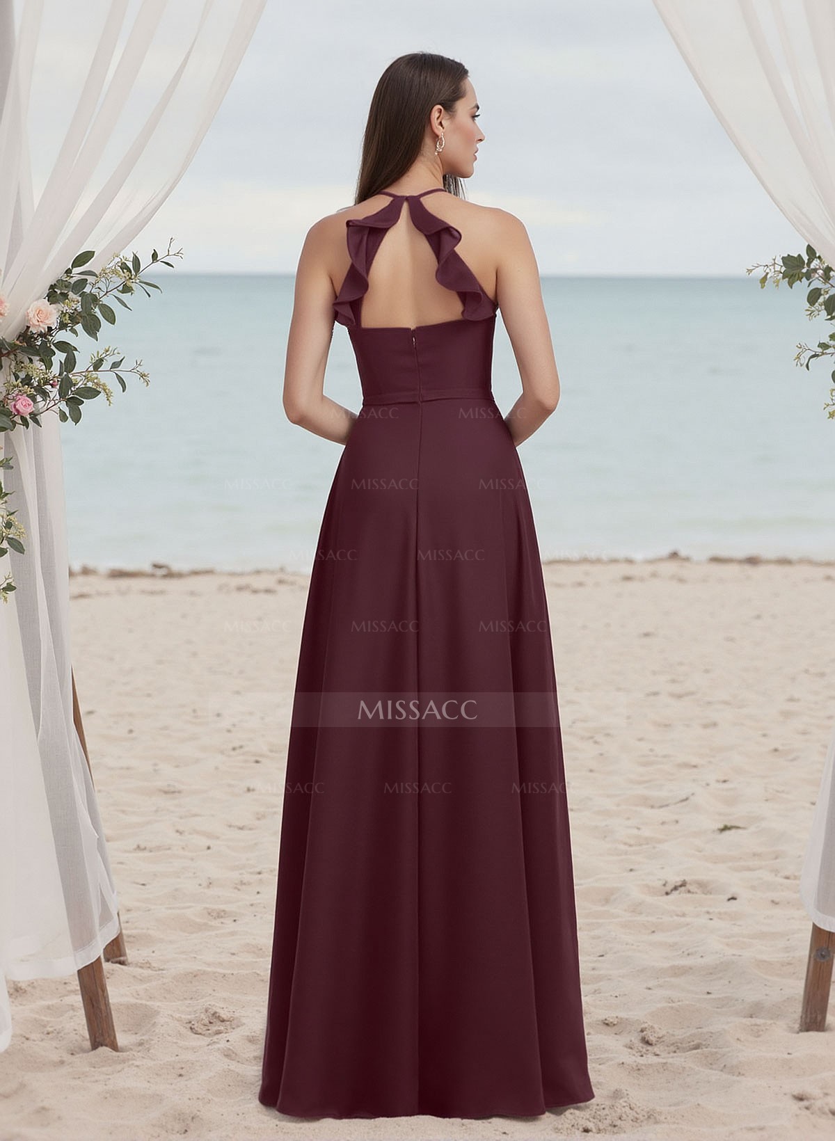 A-Line Halter Sleeveless Chiffon Bridesmaid Dresses With Ruffle/Back Hole