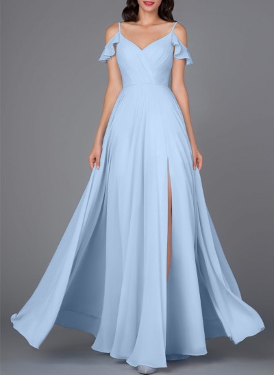 A-Line V-Neck Sleeveless Chiffon Bridesmaid Dresses With Ruffle/High Split