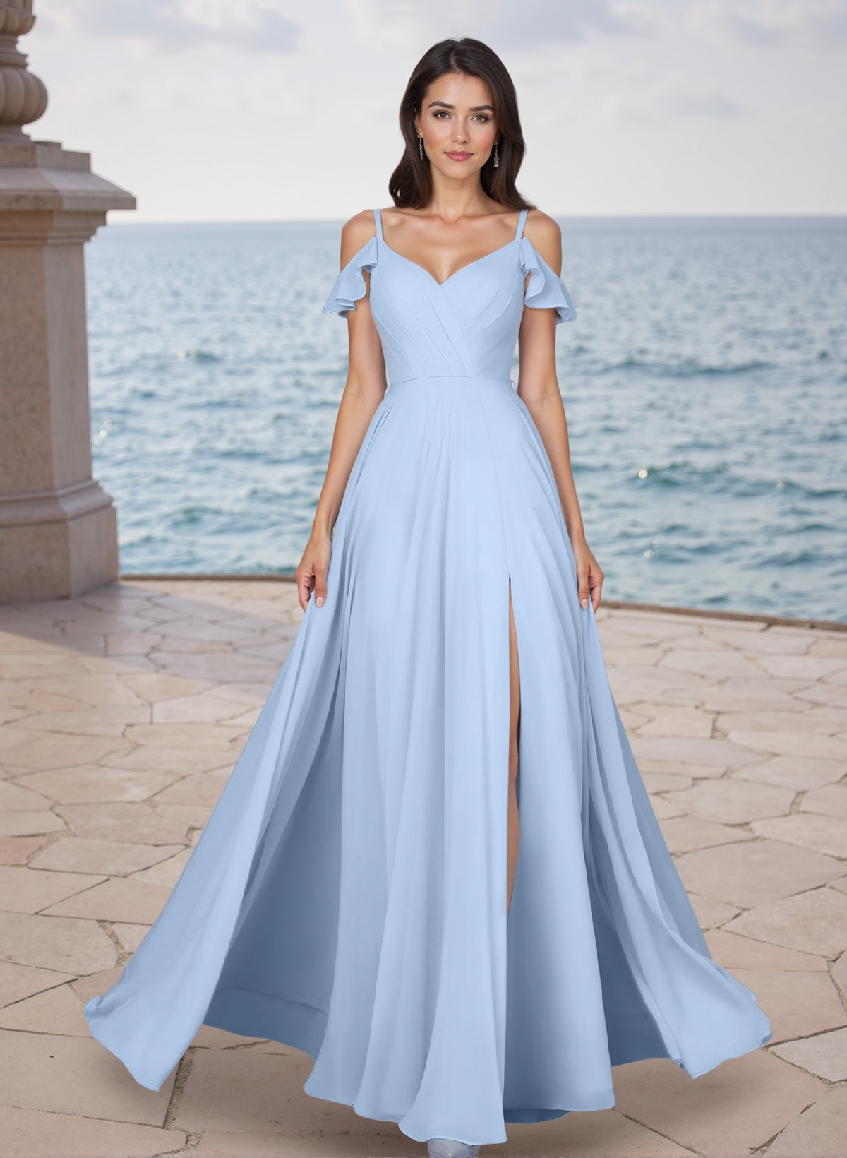 A-Line V-Neck Sleeveless Chiffon Bridesmaid Dresses With Ruffle/High Split