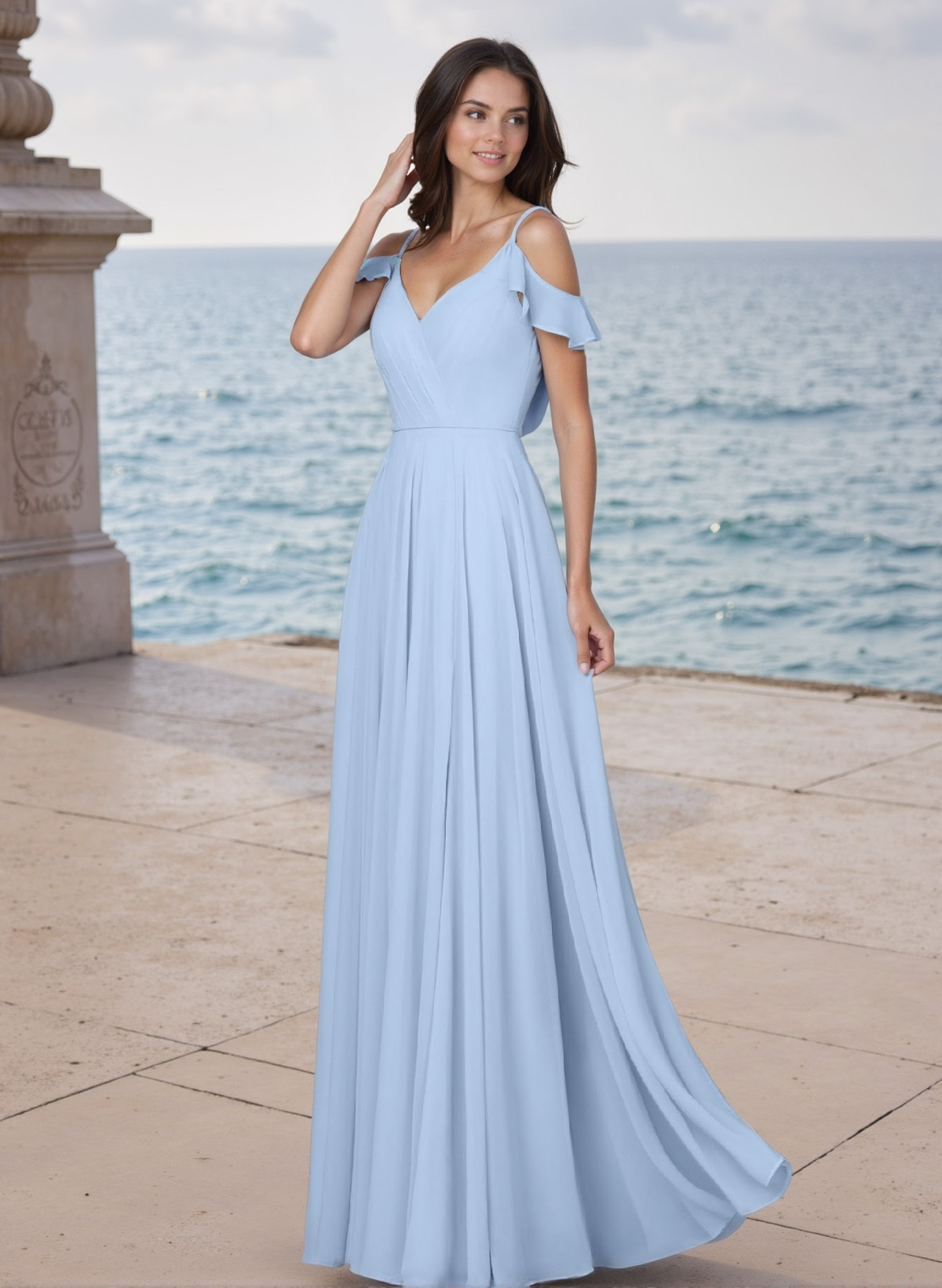 A-Line V-Neck Sleeveless Chiffon Bridesmaid Dresses With Ruffle/High Split