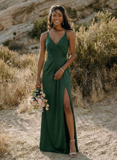 Sheath/Column V-Neck Silk Like Satin Bridesmaid Dresses With High Split