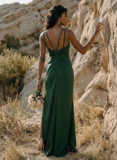 Sheath/Column V-Neck Silk Like Satin Bridesmaid Dresses With High Split